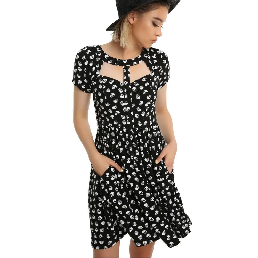 Hot Topic Skull Cutout Mesh Dress Skater Fit Flare Pocket Goth Alt Grunge Emo M